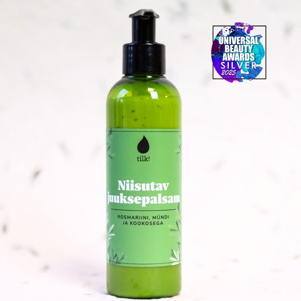 Tilk mint rosemary hair conditioner in green bottle with black pump and award badge