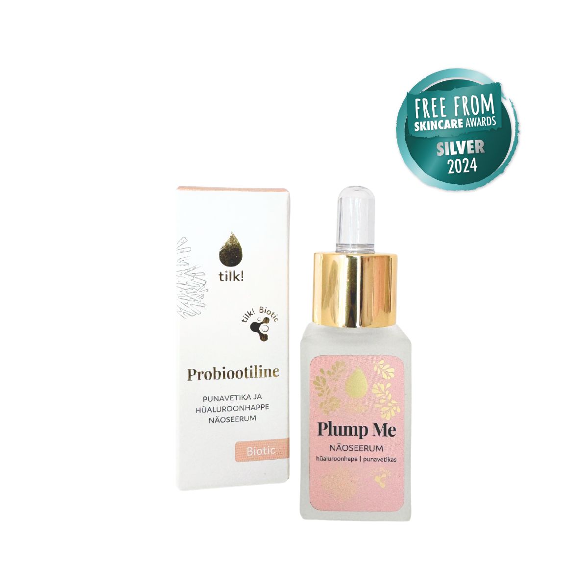 Tilk hyaluronic acid moisturizer Plump Me serum with dropper and packaging with skincare award badge