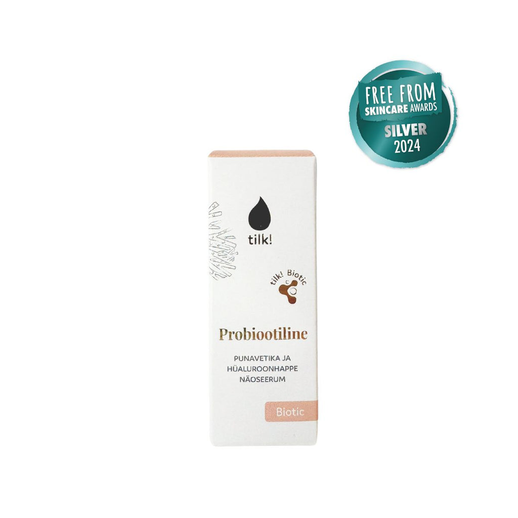 Tilk Probiotiline hyaluronic acid moisturizer with Biotic formula in white packaging and skincare award badge
