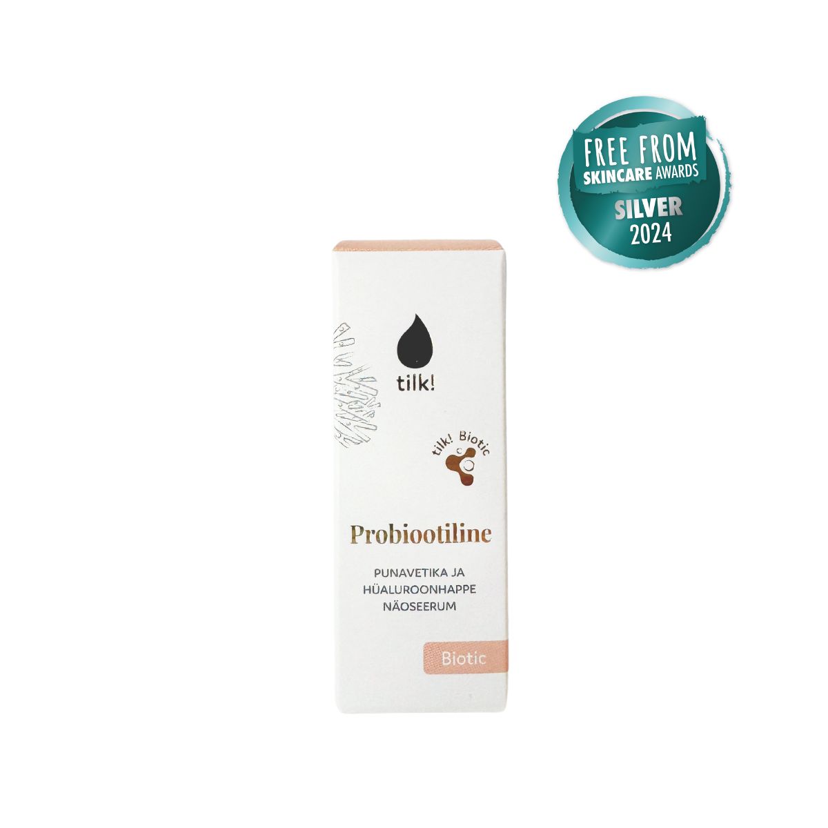 Tilk Probiotiline hyaluronic acid moisturizer with Biotic formula in white packaging and skincare award badge