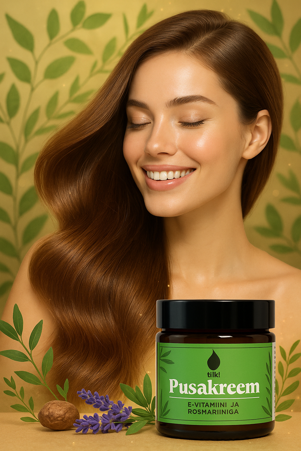 Tilk vitamin E hair detangling cream with rosemary extract and smooth shiny brown hair background