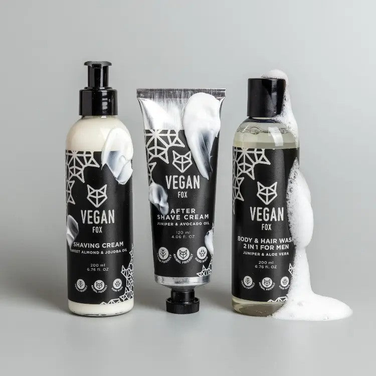 Vegan Fox vegan after shave cream tube with shaving cream and body wash in black packaging
