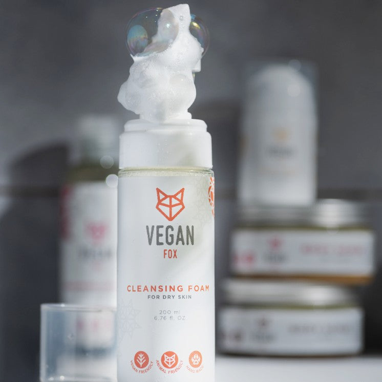 Vegan Fox vegan cleansing foam for dry skin with foam bubbles on top of the bottle