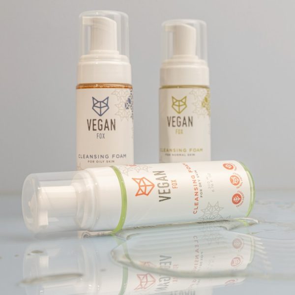 Vegan Fox vegan cleansing foam for dry skin in white pump bottles with minimalist packaging design