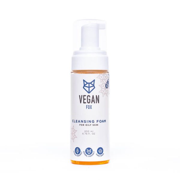 Vegan Fox vegan cleansing foam for oily skin in a white pump bottle with blue logo and text